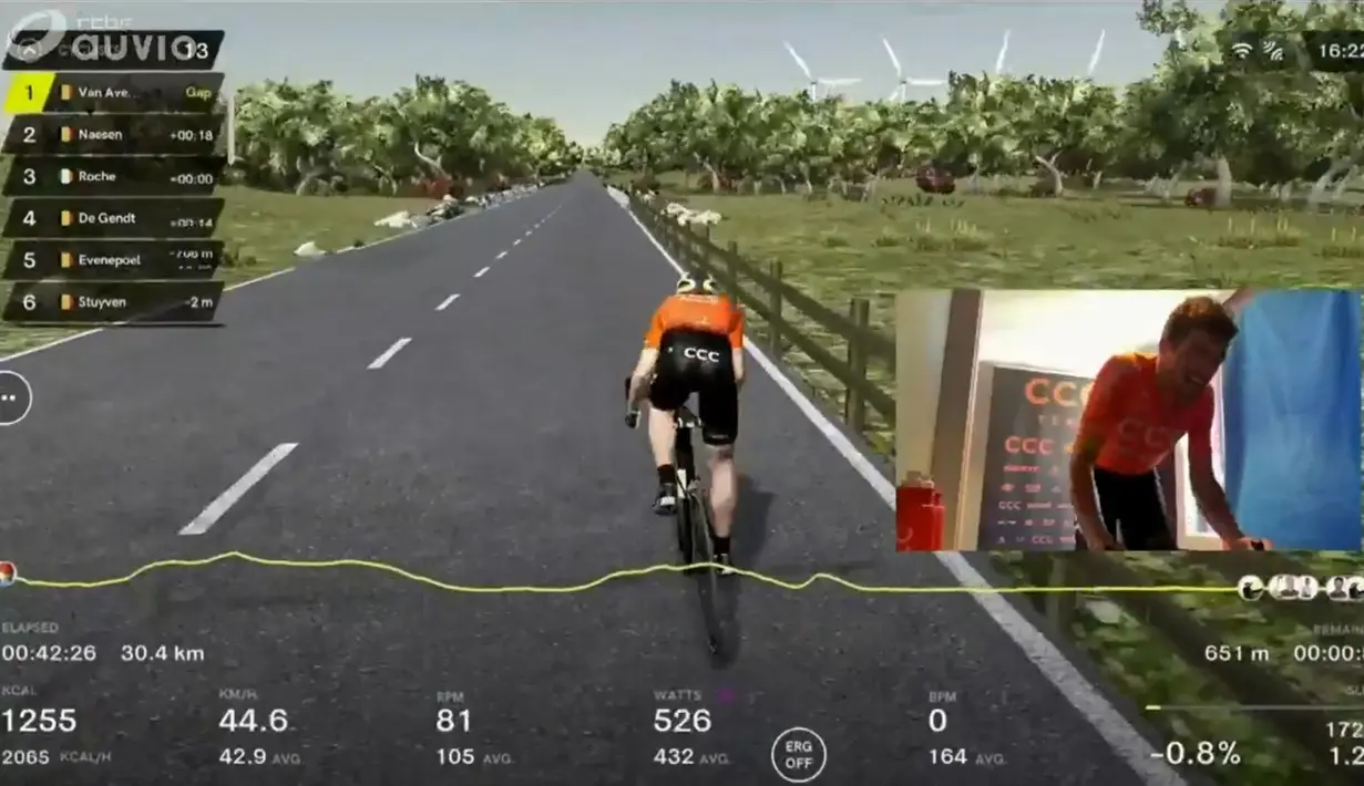 Gambar dari saluran Belgia RTBF menunjukkan pebalap sepeda dari Tim CCC, Greg Van Avermaet bersaing dalam Tour of Flanders yang diselenggarakan secara virtual, (5/4/2020). (AFP/Belga)