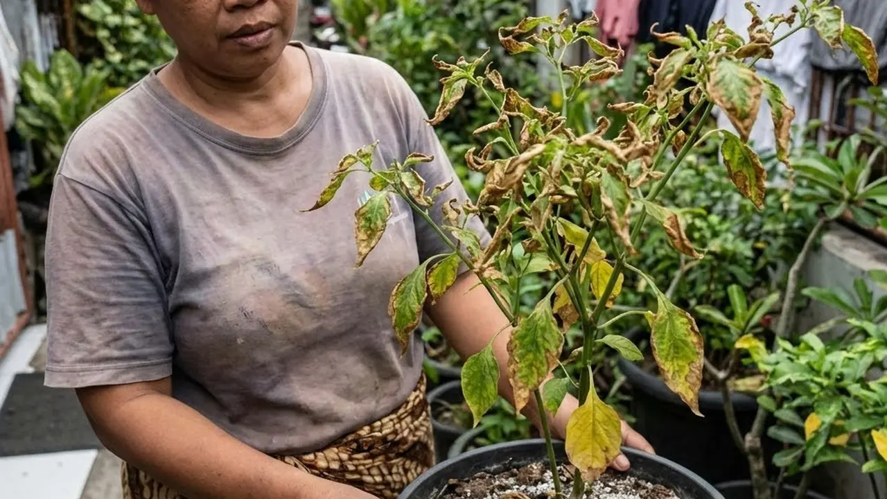 Pinggiran Daun Cabai Tampak Mengering karena Kelebihan Pupuk (Gemini AI)
