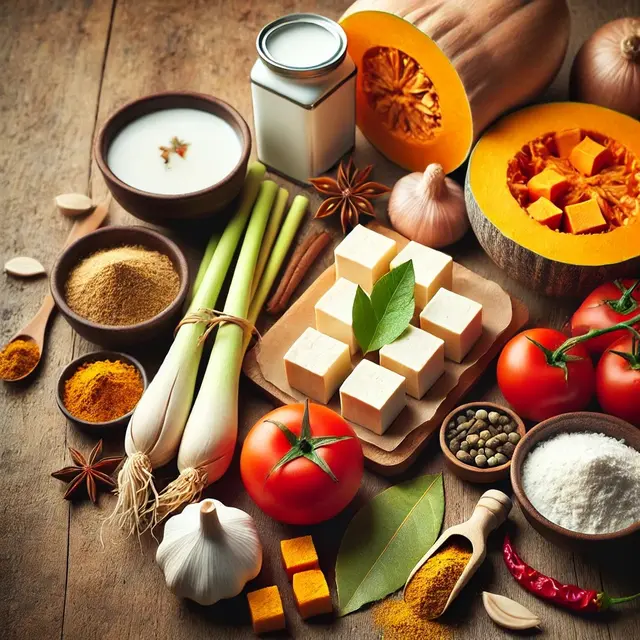 illustrasi bahan-bahan pembuatan tahu labu kuah santan