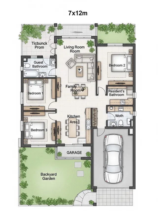 Contoh Rumah Kecil 7x12 dengan Garasi dan Taman Belakang