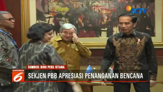 Sebelum bertemu Jokowi, Sekjen PBB yang juga mantan Perdana Menteri Portugal disambut oleh Menteri Luar Negeri Retno Marsudi.