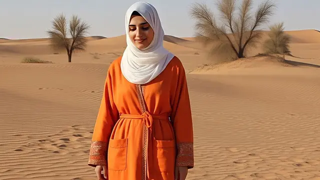 Gamis Oren dengan Jilbab Putih