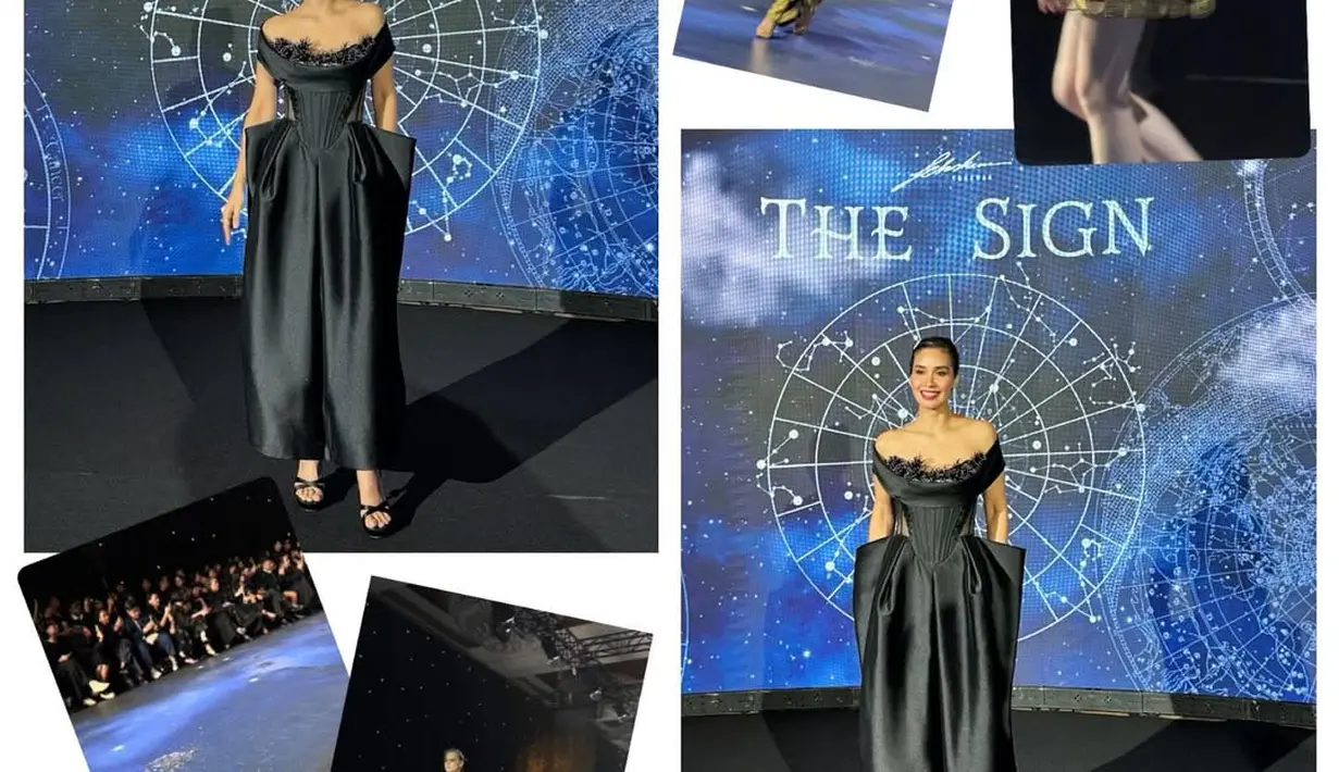 Marsha Timothy kenakan jumpsuit off shoulder hitam dengan detail korset yang bentuk fitur pinggang. Dipadu dengan open toe heels yang serasi [@marshatimothy]