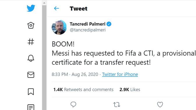 Tweet Tancredi Palmeri tentang Messi yang me-request CTI kepada FIFA (twitter/Tancredi Palmeri)