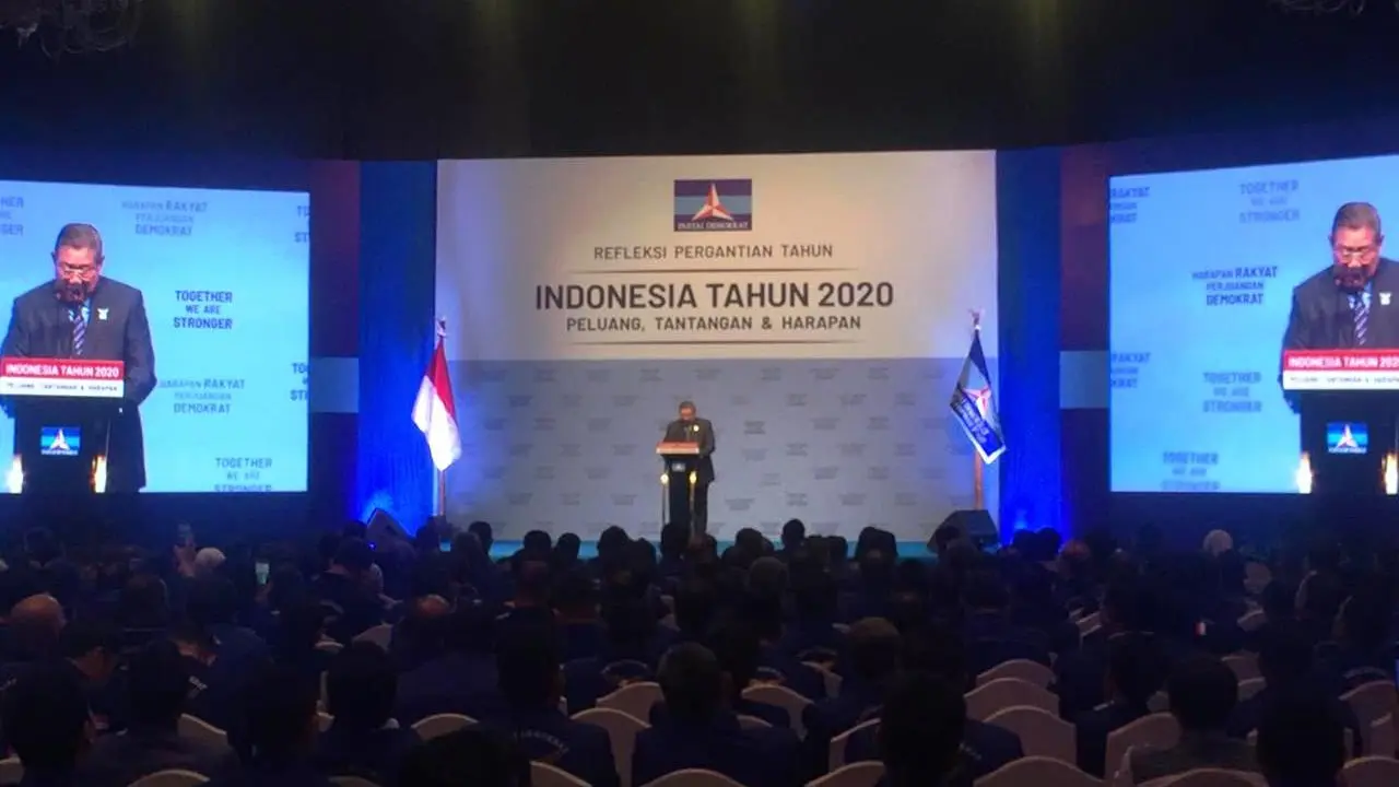 Ketua Umum Partai Demokrat SBY saat pidato renungan akhir tahun 2019 di Jakarta Convention Center, Rabu (11/12/2019). (Merdeka.com/Ahda Bayhaqi)
