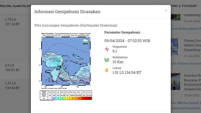 Pada hari ini, Selasa (9/4/2024) lindu kembali menggetarkan sejumlah wilayah di Tanah Air. Hingga pukul 19.50 WIB, ada tiga kali gempa hari ini getarkan Indonesia.