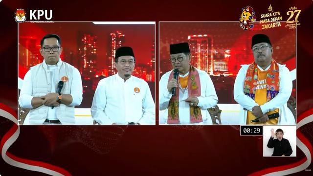 Paslon Pilkada Jakarta 2024 nomor urut 1 Ridwan Kamil-Suswono dan nomor urut 3 Pramono Anung-Rano Karno dalam debat perdana Pilkada Jakarta 2024.