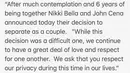 "Meski keputusan ini sangat sulit, kami akan terus saling mencintai dan menghormati satu sama lain," tulis Nikki dan John. (instagram/thenikkibella)