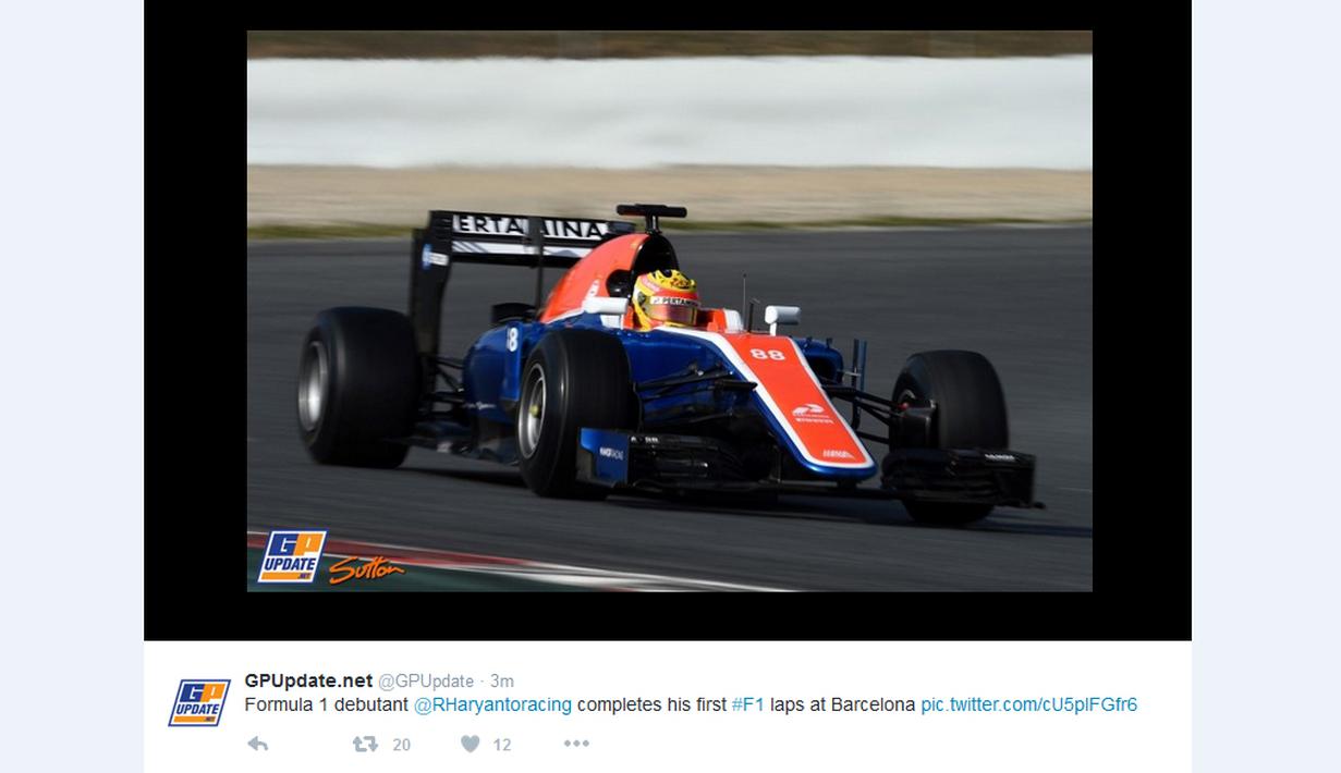 Rio Haryanto saat beraksi di atas mobil Manor Racing dalam tes pramusim F1 di Sirkuit Catalunya, Barcelona, Spanyol, (Bola.com/Twitter)