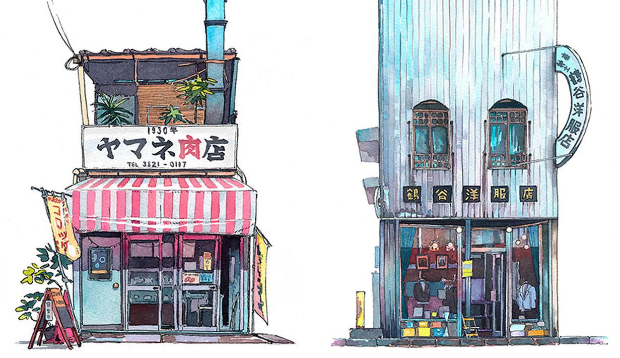 Kreatif Seri Gambar  Cat  Air  Ilustrasi Kedai Tua di Tokyo 