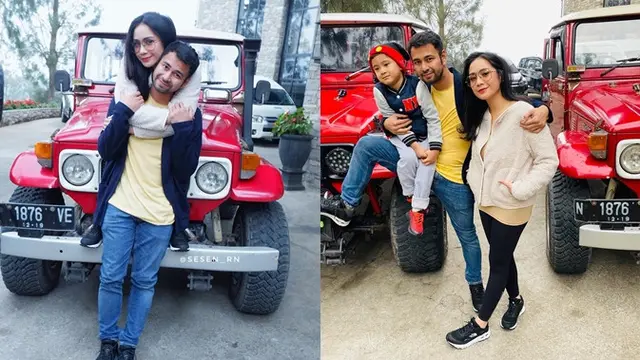 Raffi Ahmad dan Nagita Slavina menjelajahi kawasan Bromo dengan naik jeep.