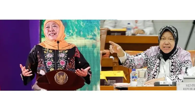 Khofifah dan Risma (kanan) berpeluang tarung di Pilkada Jatim 2024. (Istimewa)