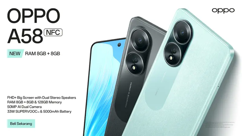 Oppo A58 kini hadir di Indonesia dengan varian RAM 8 GB (Oppo)