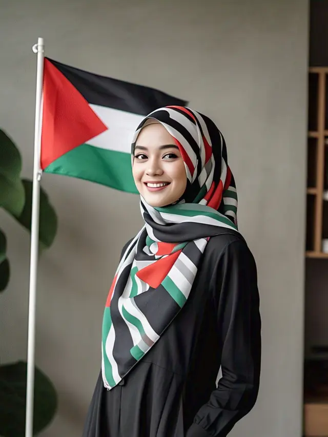Kombinasi Gamis Hitam dan Hijab Palestina 2025