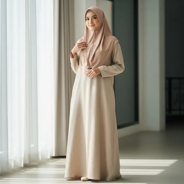 9 Model Gamis Linen Simple Warna Nude, Pilihan Busana Muslimah Modern