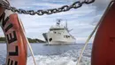 Kapal HMS Trosso (A264) saat latihan ranjau angkatan laut Northern Coasts 21 di luar Vastervik, Swedia, 21 September 2021. Northern Coasts diadakan di Laut Baltik sejak 2007. (JOHAN NILSSON/TT NEWS AGENCY/AFP)