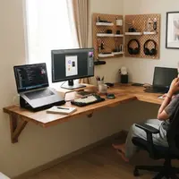 Desain Ruang Kerja di Rumah dengan Meja Menempel Pada Dinding (AI Generated)