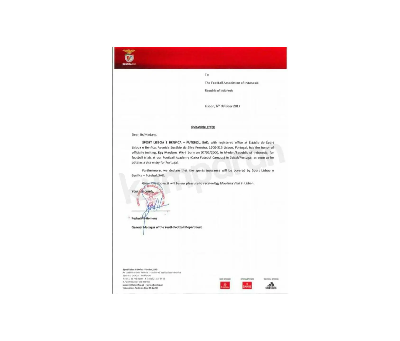 Surat undangan trial dari Benfica buat Egy Maulana. (Bola.com/Istimewa)