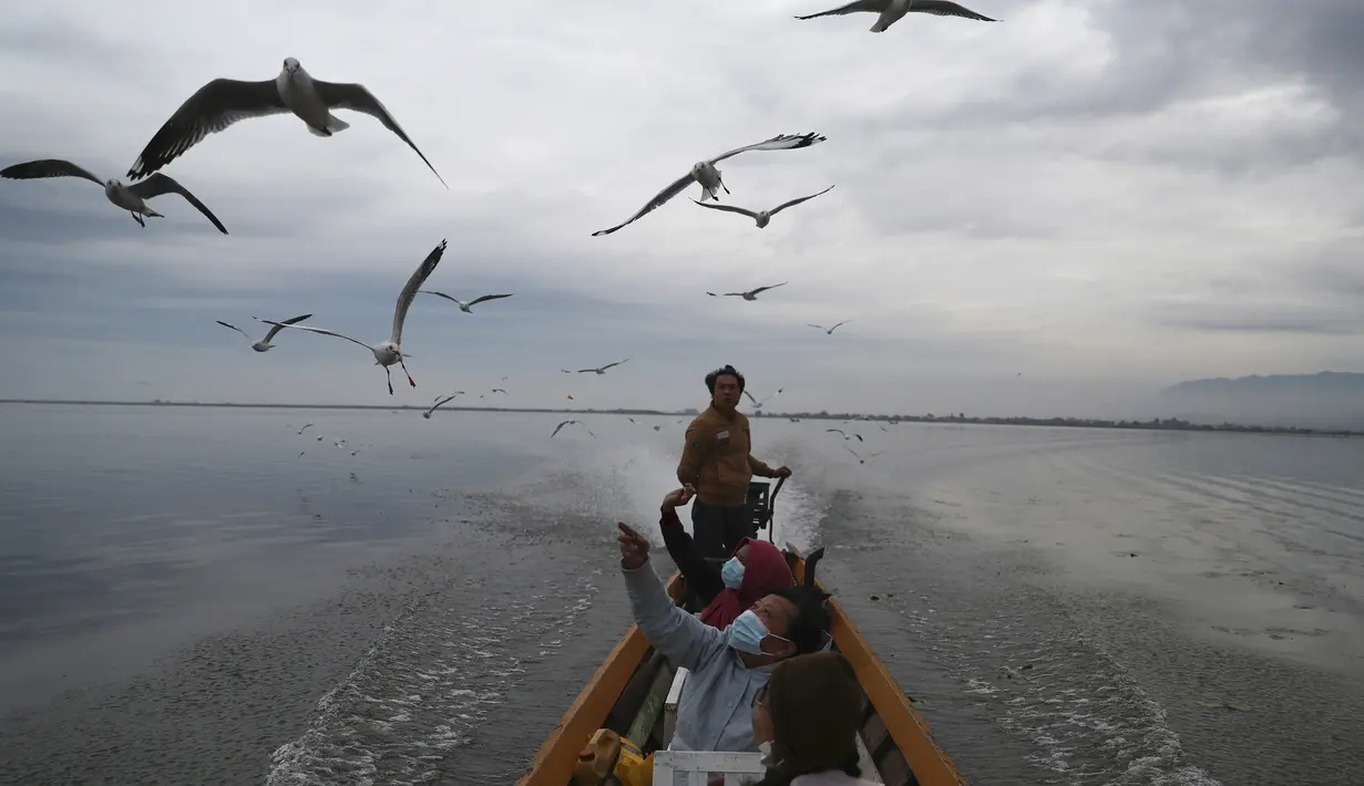 Pengunjung memberi makan burung camar di Danau Innlay yang terkenal di negara bagian Shan selatan, Myanmar, Sabtu (15/1/2022). Danau ini merupakan danau terbesar kedua di Myanmar dengan luas mencapai 116,3 kilometer persegi. (AP Photo)