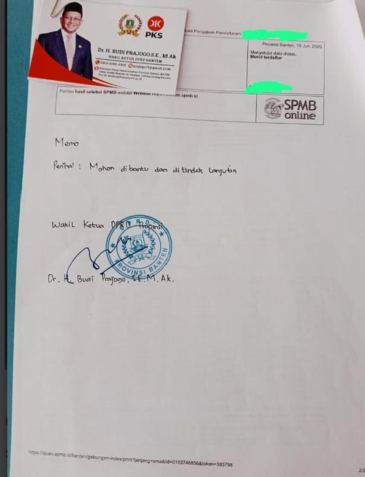 Beredar Memo Pimpinan DPRD Banten Intervensi SPMB