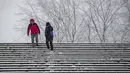 Warga mengenakan masker menuruni tangga yang dipenuhi salju di Universitas Simon Fraser, Burnaby, British Columbia, Kanada (21/12/2020). Salju lebat turun di beberapa bagian Burnaby terutama di dataran yang lebih tinggi seperti Gunung Burnaby dan Capitol Hill. (Darryl Dyck/The Canadian Press via AP)