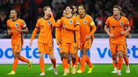 Pemain Timnas Belanda merayakan gol Tijjani Reijnders ke gawang Lituania di Grup G Kualifikasi Piala Dunia 2026 zona Eropa di Amsterdam, Selasa (18/11/2025) (AP Photo/Peter Dejong)