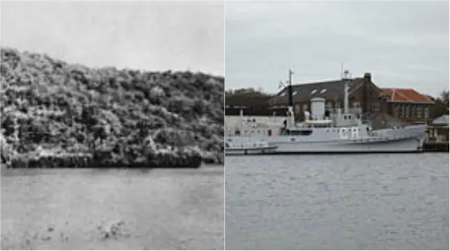 HNLMS Abraham Crijnssen sewaktu menyamar menjadi pulau mengapung pada Perang Dunia II dan ketika sandar di museum pada 2011. (Sumber Wikimedia Commons)