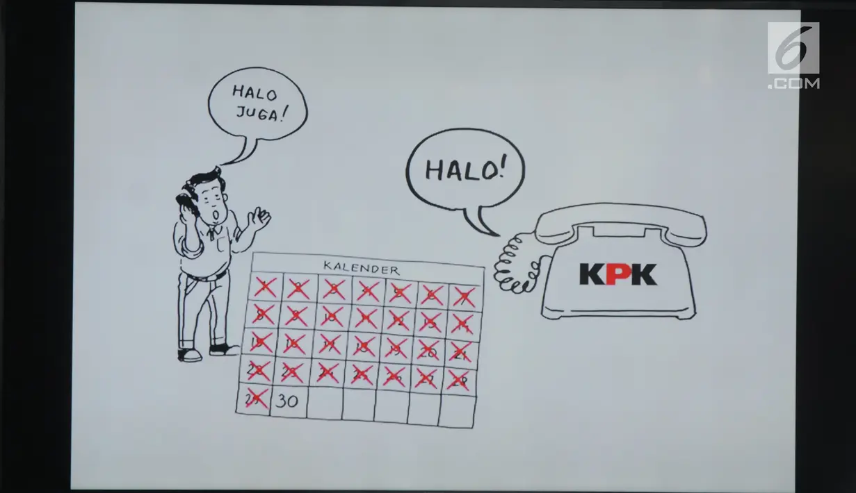 Sebuah layar monitor karikatur pemberantasan korupsi yang terpasang di lobi Gedung KPK, Jakarta, Selasa (20/3). Karikatur tersebut sebagai contoh proses pencegahan korupsi sejak dini. (Merdeka.com/Dwi Narwoko)