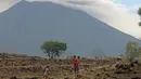 Anak-anak bermain di areal perkebunan dengan latar belakang Gunung Agung yang mengeluarkan asap dan abu vulkanis di Karangasem, Bali, Rabu (29/11). Sebagian warga tetap beraktivitas di dalam Kawasan Rawan Bencana Gunung Agung. (AP/Firdia Lisnawati)