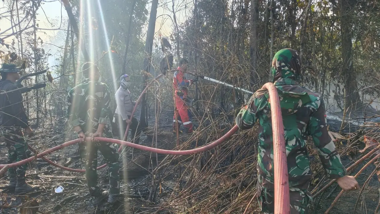 Prajurit TNI ikut memadamkan  kebakaran hutan dan lahan (karhutla) (Istimewa)