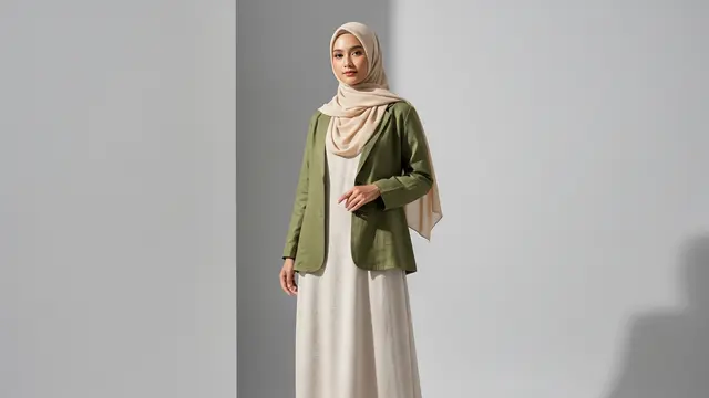 Gamis Polos Motif Emboss dengan Blazer Tanpa Kancing Linen
