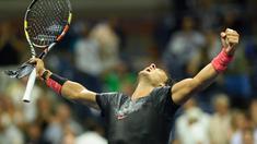 Ekspresi petenis Spanyol, Rafael Nadal, setelah mengalahkan petenis Kroasia, Borna Coric, di babak pertama Turnamen Tenis AS Terbuka 2015 di USTA Billie Jean King National Center, New York, AS. (31/8/2015). (AFP Photo/Don Emmert)