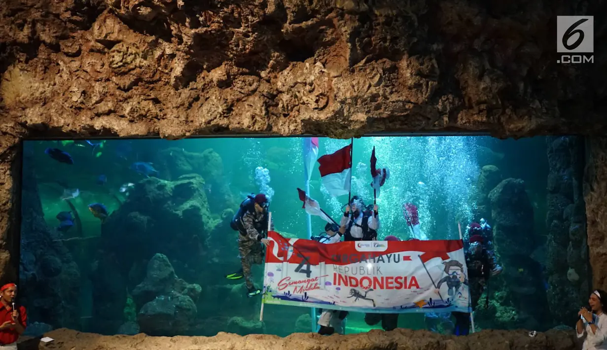 Penyelam melakukan upacara pengibaran bendera di Aquarium Utama Sea World Ancol, Jakarta, Senin (12/8/2019). Pengibaran bendera diadakan dalam rangka menyambut HUT ke-74 RI pada 17 Agustus mendatang. (Liputan6.com/Immanuel Antonius)