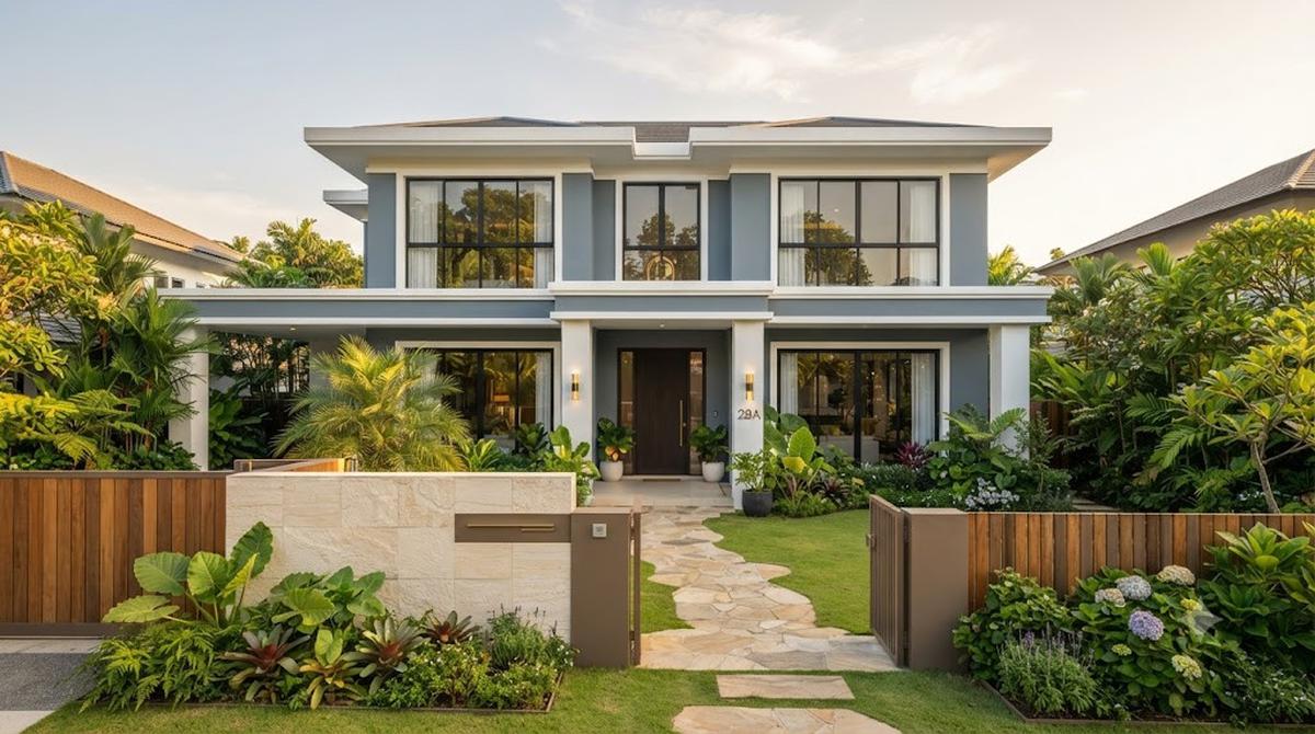 Warna Biru Abu Cat Luar Rumah Dipadukan dengan Pagar Earthy
