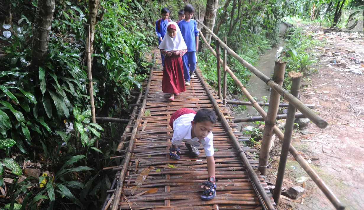 Mukhlis Abdul Holik (8) menyeberangi jembatan bambu menuju sekolahnya di Kampung Cikiwul Tonggoh, Sekarwangi, Sukabumi, Kamis (15/11). (Merdeka.com/Arie Basuki)