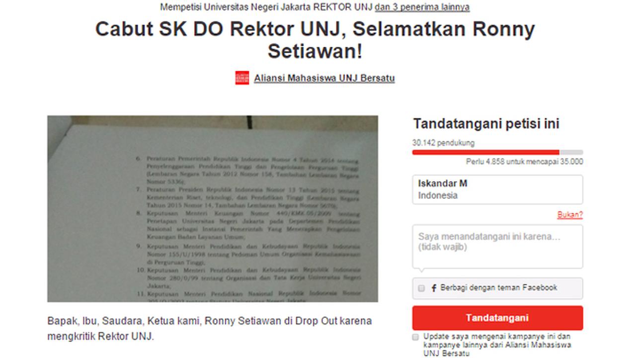 Pendukung Petisi Cabut SK DO Rektor UNJ Naik 8 Kali Lipat 
