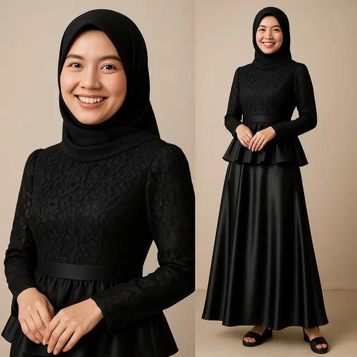 8 Model Gamis Hitam Kombinasi Brokat dan Satin, Mewah dan Elegan
