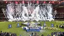 Selebrasi dan perayaan kemenangan Real Madrid atas Juventus pada final Liga Champions 2016-2017 di  Millennium Stadium, Cardiff, Wales, (3/6/2017). (Pool via AP)