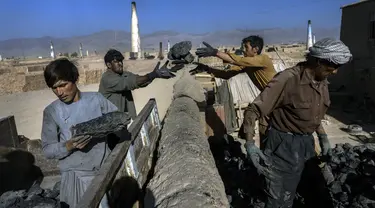 Buruh Afghanistan bekerja di sebuah pabrik batu bata di Deh Sabz, di pinggiran Kabul, Afghanistan, Minggu (26/9/2021). Para buruh biasanya bekerja selama 14 jam per hari, 6 hari dalam seminggu. (AP Photo/Bernat Armangue)