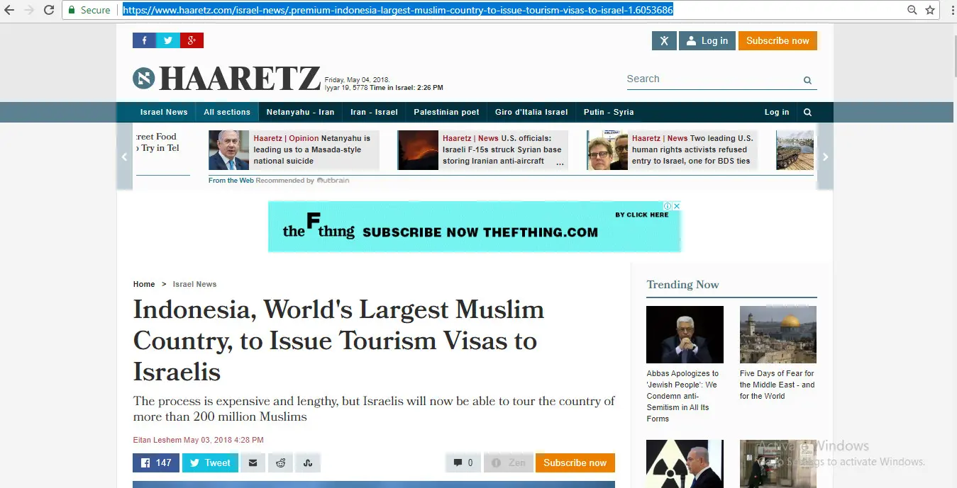 Laman media Haaretz yang menunjukkan artikel berita bahwa Indonesia izinkan pemberian visa wisata bagi WN Israel (screengrab)