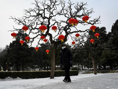Seorang pria berjalan melewati pohon yang dihiasi dengan lentera di Taman Jingshan pada hari bersalju di Beijing pada 20 Januari 2022. Ibu Kota China diselimuti salju pada Kamis, saat hitungan mundur menuju dua minggu Olimpiade Musim Dingin Beijing 2022 dimulai. (Jade Gao / AFP)
