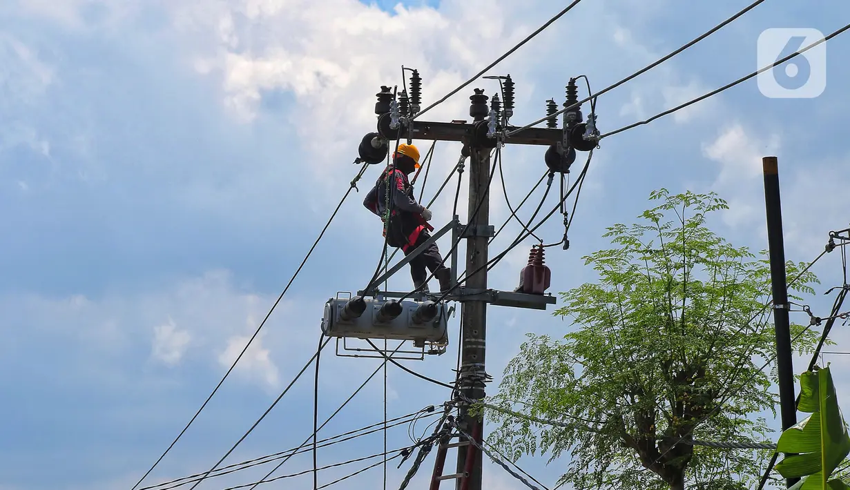 Petugas melakukan perawatan kabel listrik di kawasan Kosambi, Tangerang, Senin (9/1/2023). Pelaksana Tugas Direktur Jenderal Ketenagalistrikan Kementerian ESDM Dadan Kusdiana mengatakan alasan pemerintah tidak menaikkan tarif listrik non subsidi adalah demi mempertahankan daya beli masyarakat dan kondisi ekonomi yang belum stabil. (Liputan6.com/Angga Yuniar)