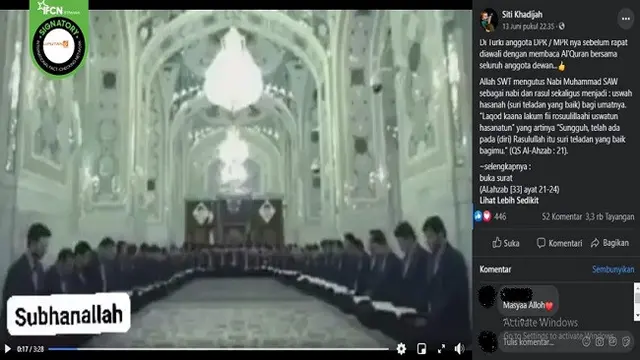 Gambar Tangkapan Layar Video yang Diklaim Anggota Dewan di Turki Baca Alquran Sebelum Rapat (sumber: Facebook).