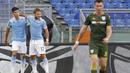 Penyerang Lazio, Ciro Immobile, merayakan gol yang dicetaknya ke gawang Brescia pada laga lanjutan Serie A pekan ke-37 di Stadion Olimpico, Kamis (30/7/2020) dini hari WIB. Lazio menang 2-0 atas Brescia. (AP Photo/Riccardo De Luca)
