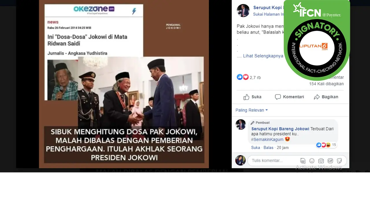 Hoaks Presiden Jokowi beri penghargaan kepada Ridwan Saidi.