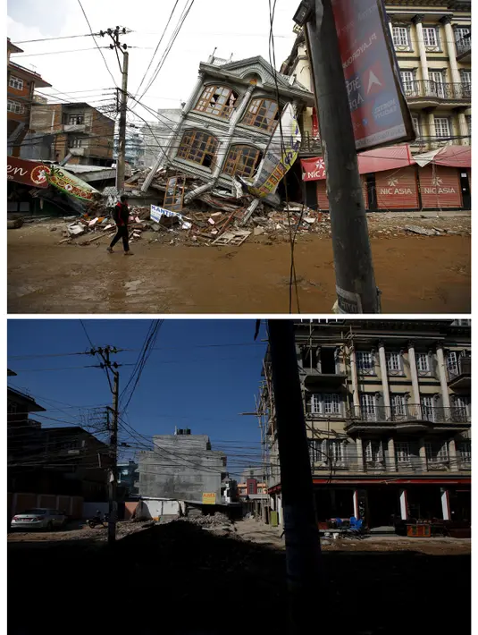 Sebuah gambar kombinasi menunjukkan pria berjalan di dekat rumah runtuh setelah gempa bumi, 1 Mei 2015 (atas) dan lokasi yang sama pasca gempa dahsyat yang menewaskan lebih dari 8.000 orang di Kathmandu, Nepal, 17 Februari 2016. (REUTERS/Navesh Chitrakar)