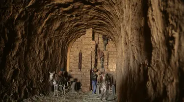 Pekerja memuat batu bata ke gerobak keledai di sebuah pabrik batu bata di pinggiran tenggara Baghdad Nahrawan, Irak, Kamis (24/5/2021).  Para pekerja bekerja 12 jam sehari dengan upah sekitar USD$ 15. (AP Photo/Hadi Mizban)