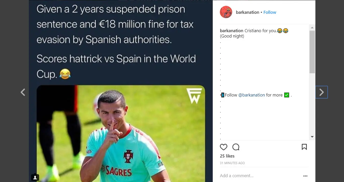 Meme Cristiano Ronaldo setelah cetak tiga gol dalam pertandingan Piala Dunia Portugal lawan Spanyol (Instagram @barkanation)