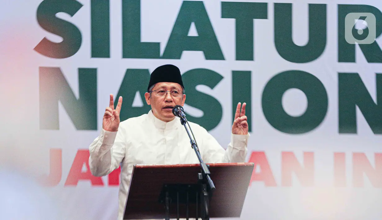 Anas Urbaningrum saat menghadiri Halalbihalal dan Silaturahmi Nasional III Jaringan Indonesia (JARI) di salah satu hotel kawasan Jakarta, Minggu (21/5/2023). (Liputan6.com/Faizal Fanani)