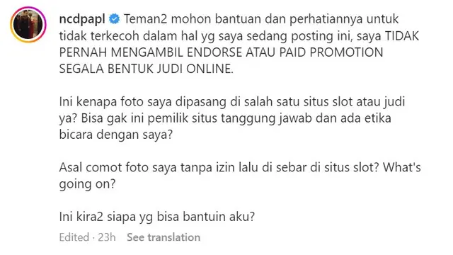 Nora Alexandra Klarifikasi Judi Online
